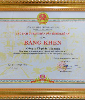 VILACONIC RECEIVED A CERTIFICATE OF MERIT FROM THE PEOPLE'S COMMITTEE OF NGHE AN PROVINCE FOR OUTSTANDING ACHIEVEMENTS IN EXPORT IN 2022.